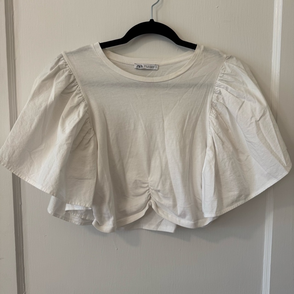 Zara White Ruffle Flutter Sleeve Crop Top - Picture 2 of 5